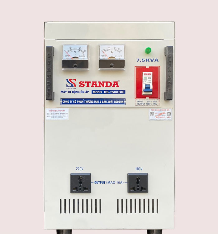 máy tự động ổn áp Standa 7.5KVA dây đồng dải 50V-250V mặt trước của máy