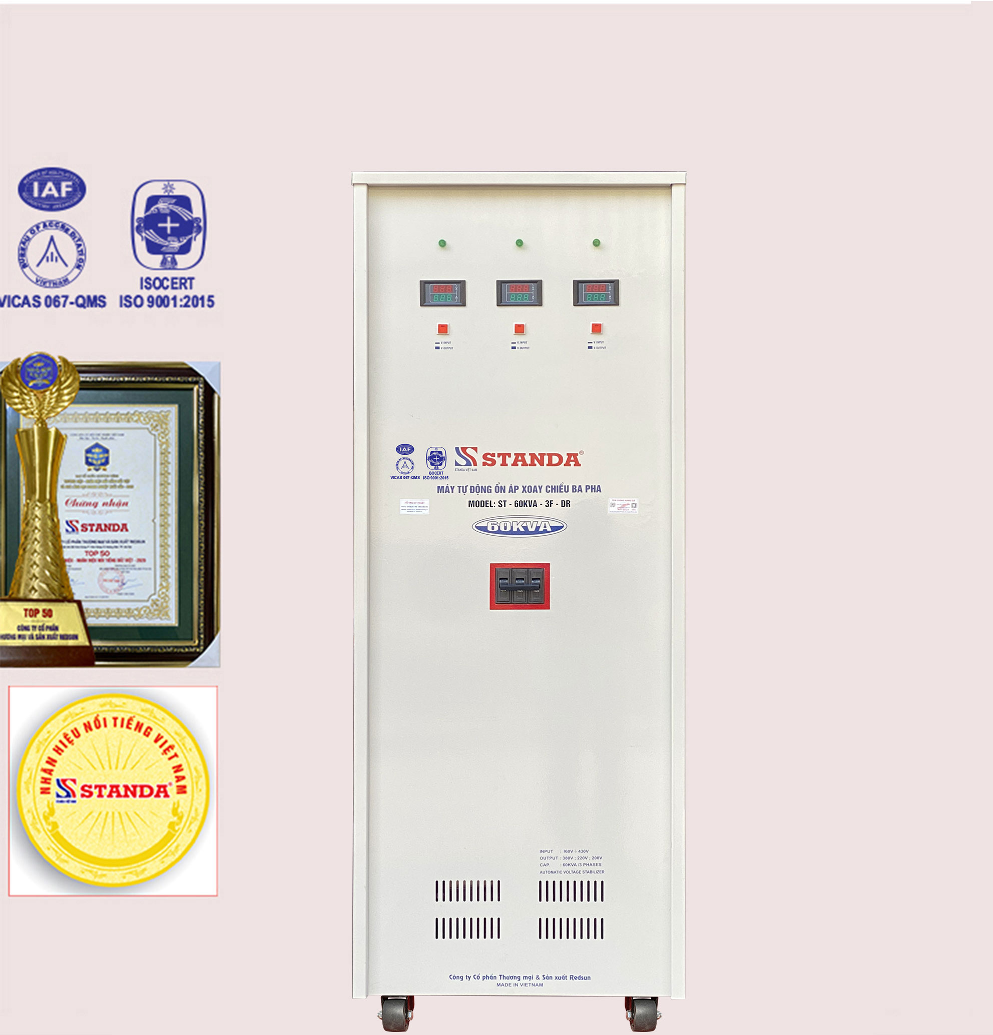 Ảnh công dụng của máy ổn áp Standa 60KVA dải 160V -430V mặt trước cảu máy