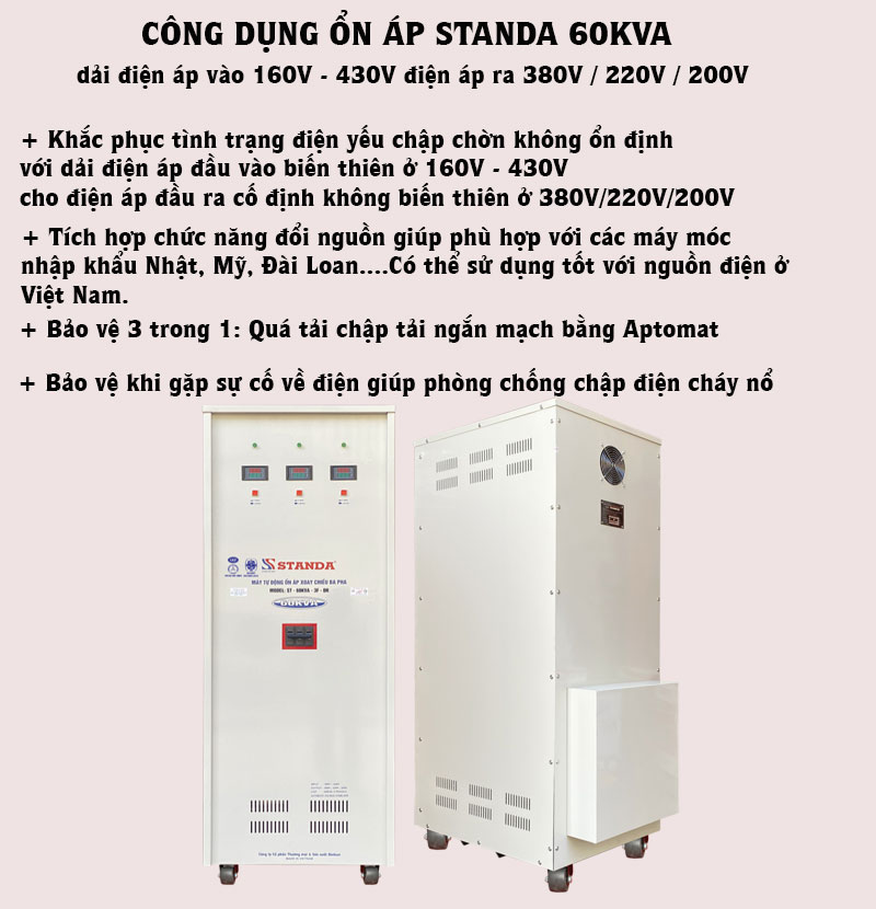 công dụng của ổn áp Standa 60KVA dải 160V - 430V dây đồng mặt trước máy 