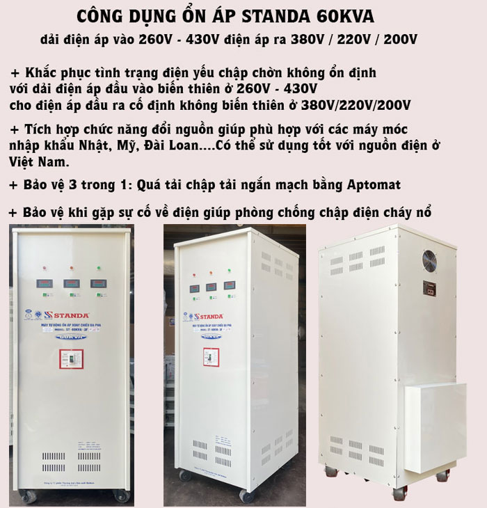 ảnh công dụng của máy ổn áp Standa 60KVA điện áp 260V-430V dây đồng siêu bền bỉ mặt trước máy 