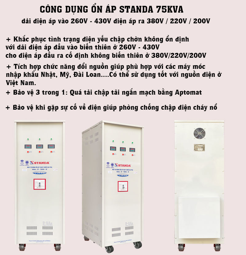 hình ảnh ổn áp Standa 75KVA dải 260V - 430V với công dụng của máy 