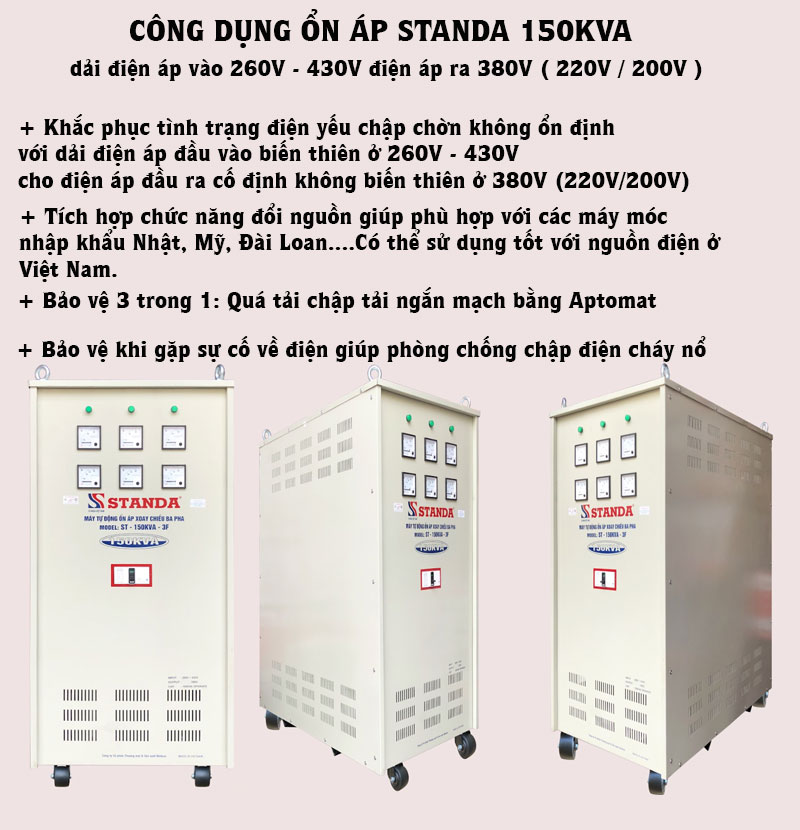 ổn áp Standa 150KVA dải 260V - 430V dây đồng 