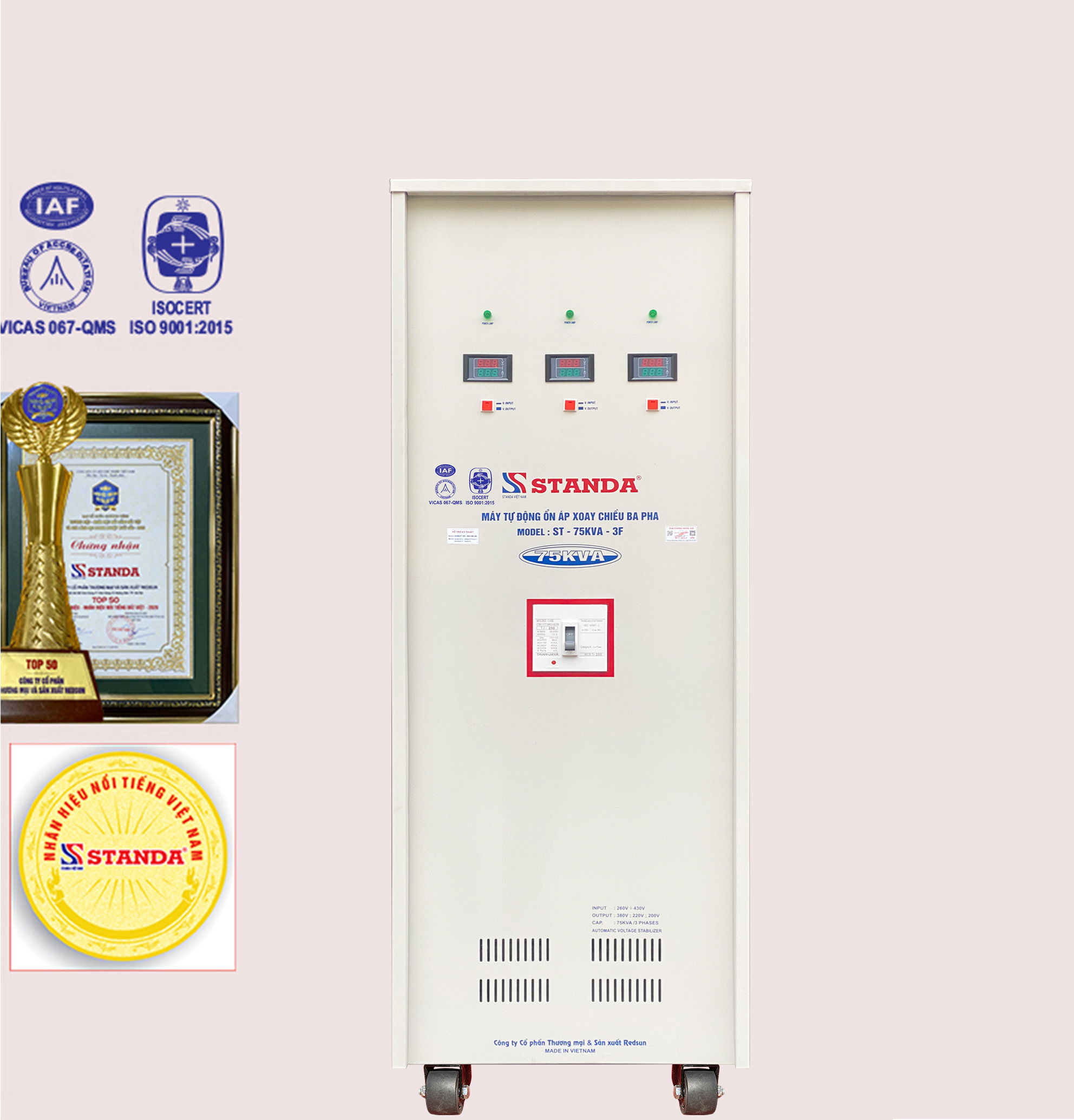 ổn áp Standa 75KVA dải 260V - 430V điện ra 380V -220V-200V đồng hồ điện tử