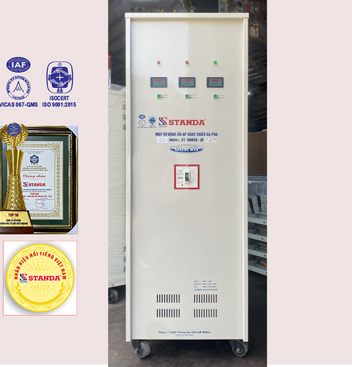 máy tự động ổn áp Standa 60KVA 3 pha dải 260V-430V mặt trước máy