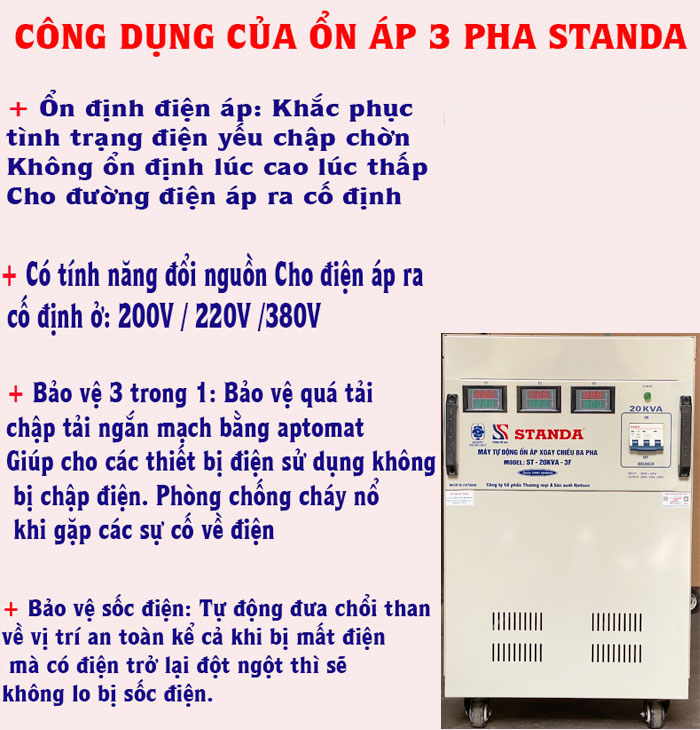 ổn áp standa 20Kva 3 pha dai 260V - 430V công dụng của máy 