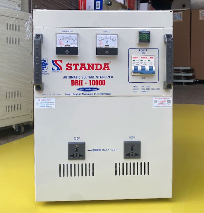 ổn áp Standa 10KVA dải điện áp 50V-250V dây đồng mặt trước máy