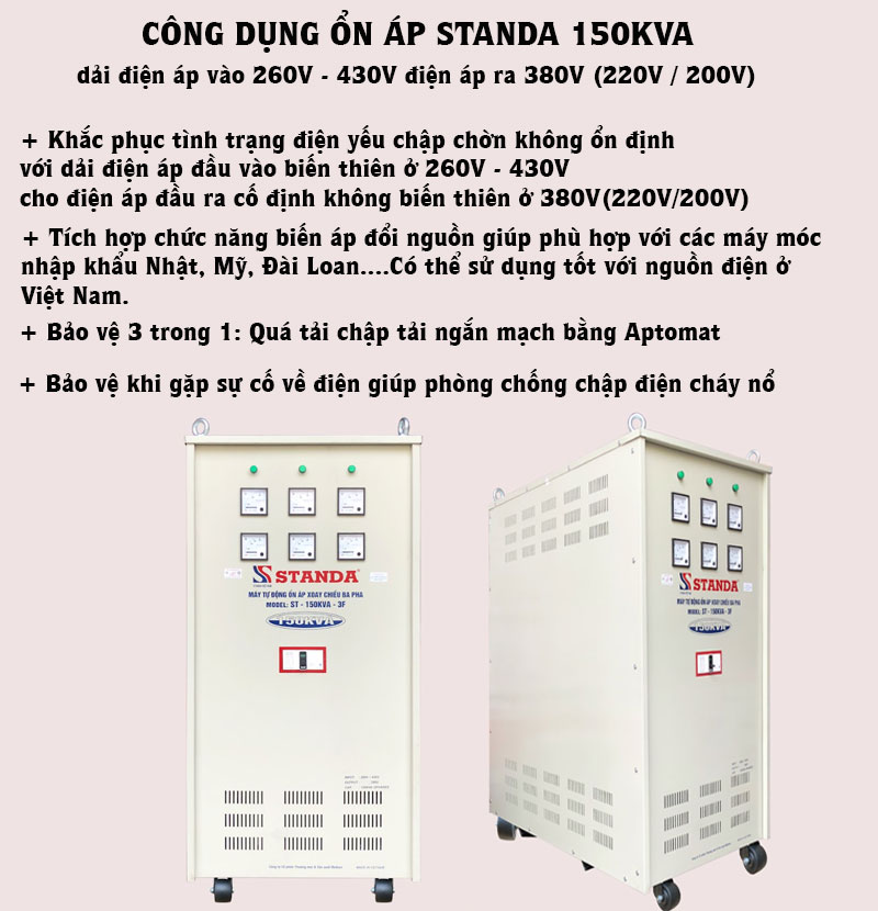 công dụng của ổn áp Standa 150KVA 3 pha mặt trước máy 