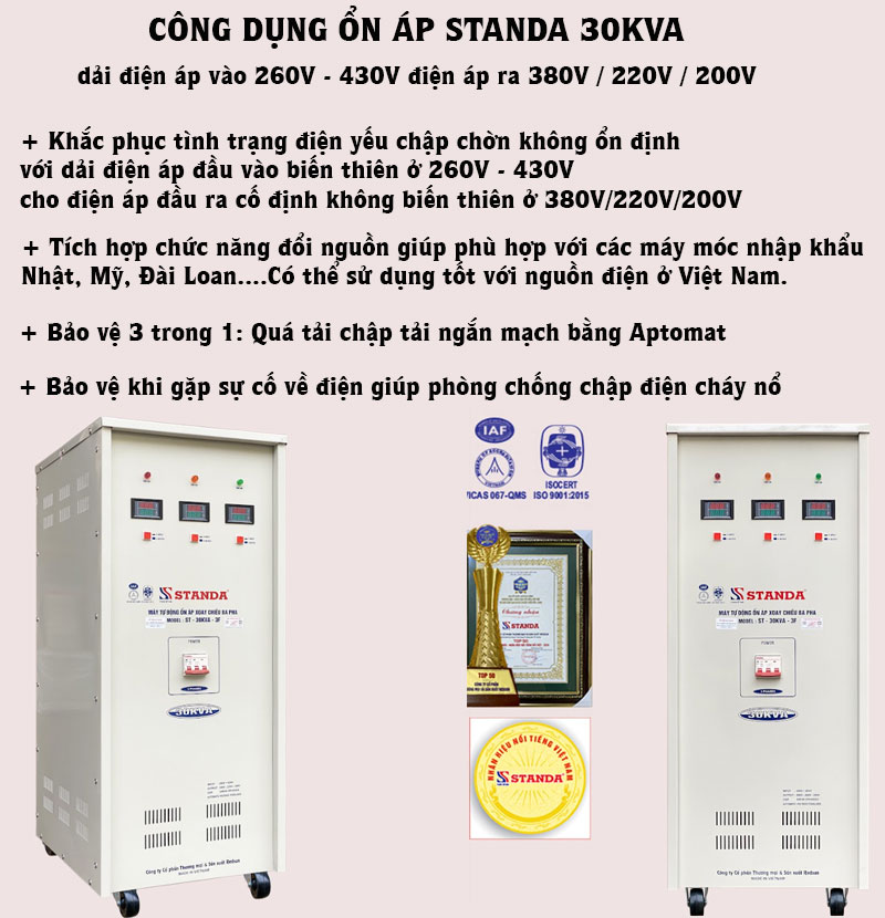 công dụng của ổn áp 3 pha Standa 30KVA dải 260V -430V