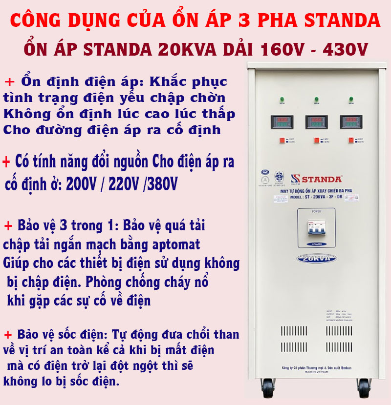 ổn áp Standa 20KVA dải 160V-260V dây đồng 100%