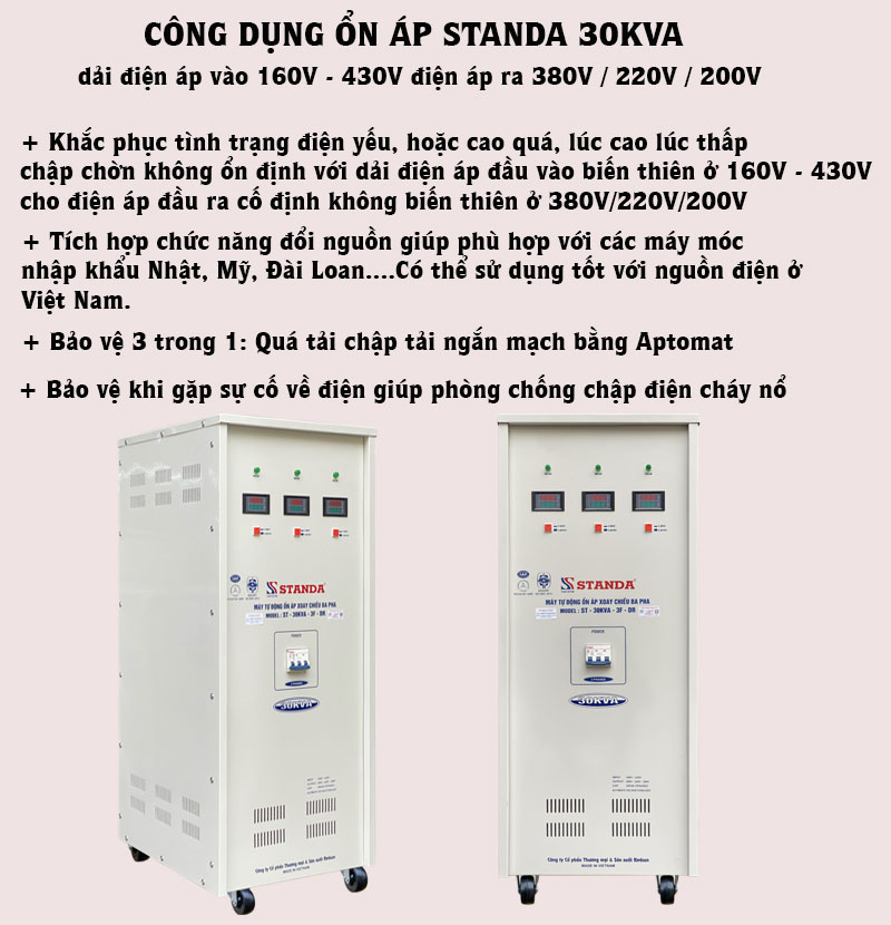 công dụng của ổn áp Standa 30KVA dây đồng dải 160V-430V