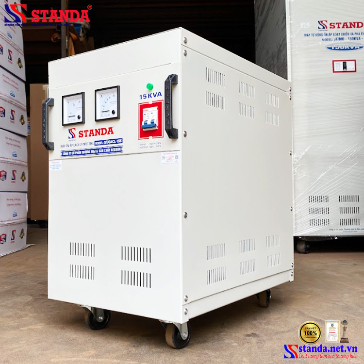 máy ổn áp cách ly STANDA 15KVA điện áp vào 150V -250V điện áp ra 110V -220V dây đồng mặt nghiêng máy