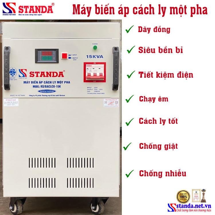 biến áp cách ly Standa 15KVA đồng hồ điện tử mặt trước máy