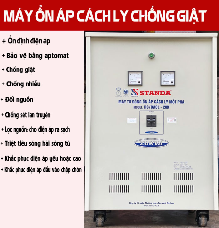 ổn áp cách ly Standa 20KVA dải 90V - 250V dây đồng mặt trước của máy