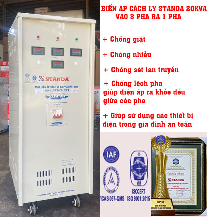 biến áp cách ly Standa dùng cho điện năng lượng mặt trời điện vào 3F điện ra 1F dây đồng 