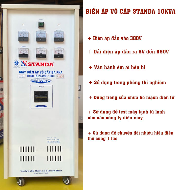 biến áp vô cấp Standa 10KVA 3 pha điện áp 380V -690V mặt trước của máy